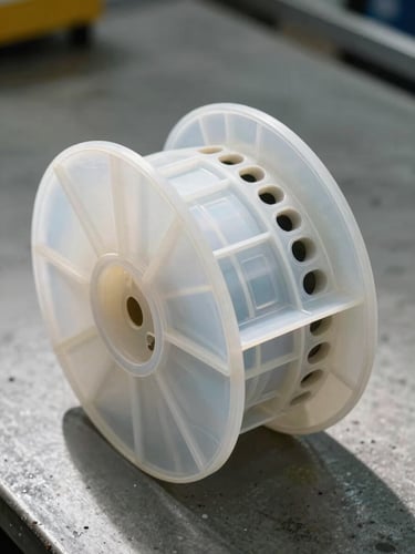 Close-up overhead shot of a finished plastic cable reel on factory bench, translucent housing detail visible, socket ports aligned in a row, hard directional shop light casting sharp shadow, grey concrete background