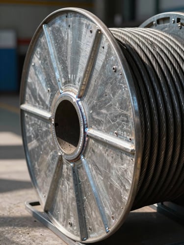 Extreme close-up of a powder-coated iron cable reel drum, weld seam and steel frame in sharp focus, hard factory floor shadows, industrial daylight from left, raw steel grain visible on drum surface