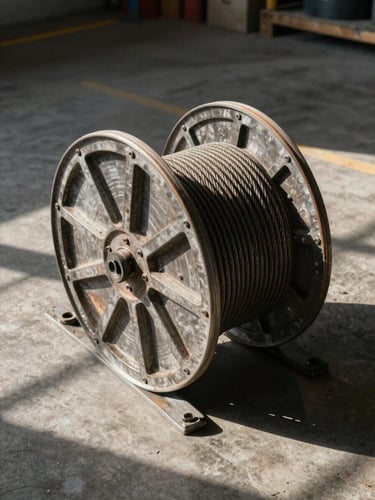 Overhead angled shot of iron cable reel on factory floor, drum diameter and socket panel visible, hard shadow cast across concrete, industrial shop-floor daylight, no workers