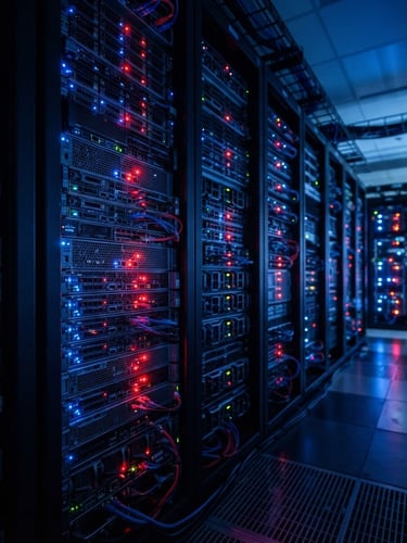 Wide shot of server racks with glowing blue and red status lights, macro depth of field, cool blue ambient light, sharp red LED accents, 35mm lens.