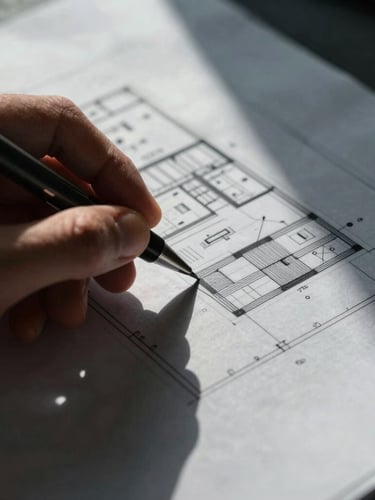 Extreme close-up of a technical architectural blueprint laid flat on a slate table, a hand holding a steel drafting pen drawing a precise line, crisp shadows from window light, high contrast, cool gray and deep slate tones, 35mm lens.