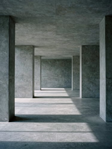 Wide environmental shot of an empty minimalist corporate boardroom, strong linear perspective, architectural concrete pillars, hard directional daylight casting crisp geometric shadows, cool gray tones, 35mm lens.