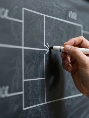 Extreme close-up of hands writing technical flowcharts on a glass whiteboard, sharp linear perspective, crisp studio lighting, deep slate tones.