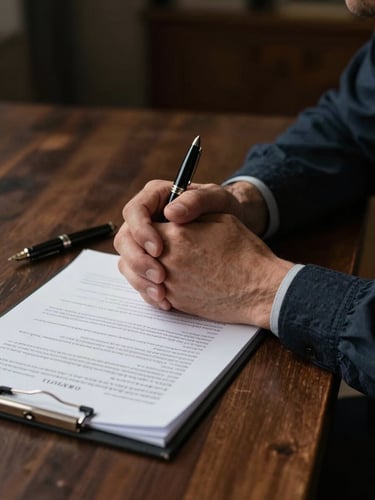 Tight close-up of a worker's hands clasped on a dark wood table next to a fountain pen and legal documents, dramatic chiaroscuro side lighting, quiet moment of contemplation.