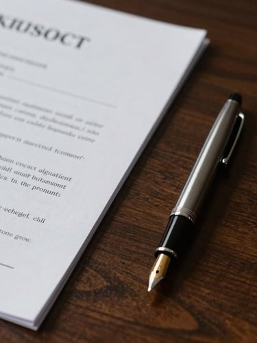 Close-up of legal documents and a classic fountain pen on a dark wood table, dramatic side lighting casting deep shadows, sober editorial atmosphere.