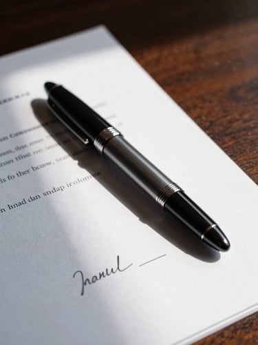 Close-up of a fountain pen resting on a signed legal document, natural side lighting casting deep shadows on a dark mahogany table, authoritative and quiet.