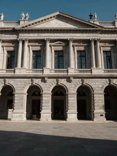 Wide environmental shot of an imposing classical courthouse facade in Spain, natural high-contrast side lighting casting deep shadows, sober architectural details, ample negative space.