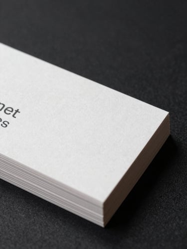 Flat lay overhead view of a freshly printed stack of business cards on a matte black surface, extreme close-up showing crisp registration marks at the card edges, bright even studio light, no shadows, ink detail sharp