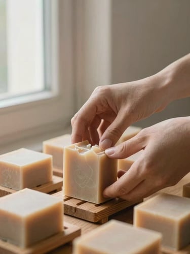 Hands carefully arranging hand-poured soap bars on rustic wooden curing racks, soft side-lighting from a dusty window, natural shadows, warm minimalist aesthetic