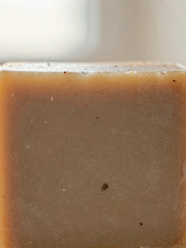 Macro close-up of a raw, textured soap bar showing fine botanical flecks and natural grains, soft diffused morning light, warm earthy sand-beige tones, shallow depth of field