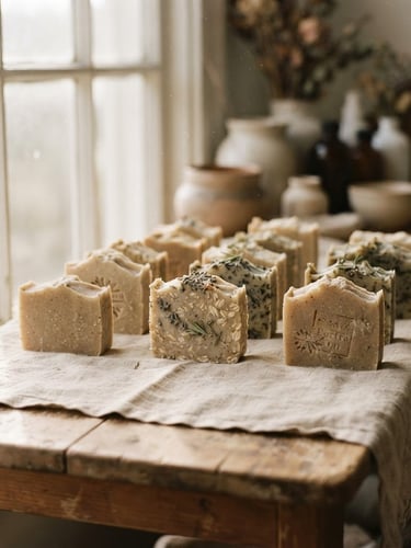 Soft morning window light illuminating a serene wooden shelf in our studio, raw soap bars curing on linen sheets, earthy muted tones, macro depth of field, 35mm