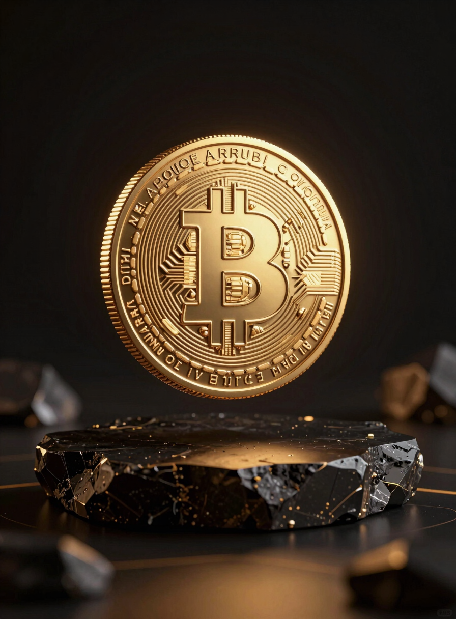 Dark-mode 3D render of a glowing gold cryptographic coin hovering above a dark obsidian platform, dramatic amber neon lighting, high-contrast digital assets, octane render, macro close-up, ultra-detailed