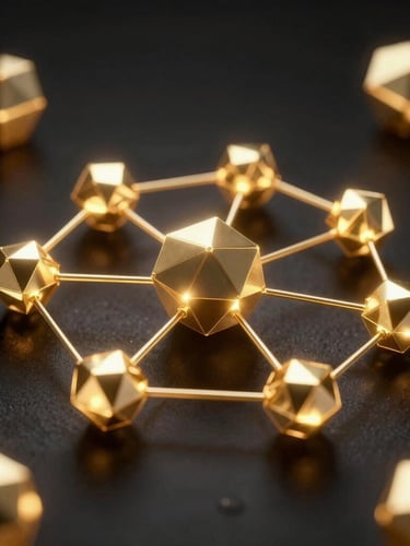 Dark-mode 3D render of glowing blockchain nodes connecting in an obsidian void, dramatic gold lighting, high-contrast structural schematic, macro octane render.