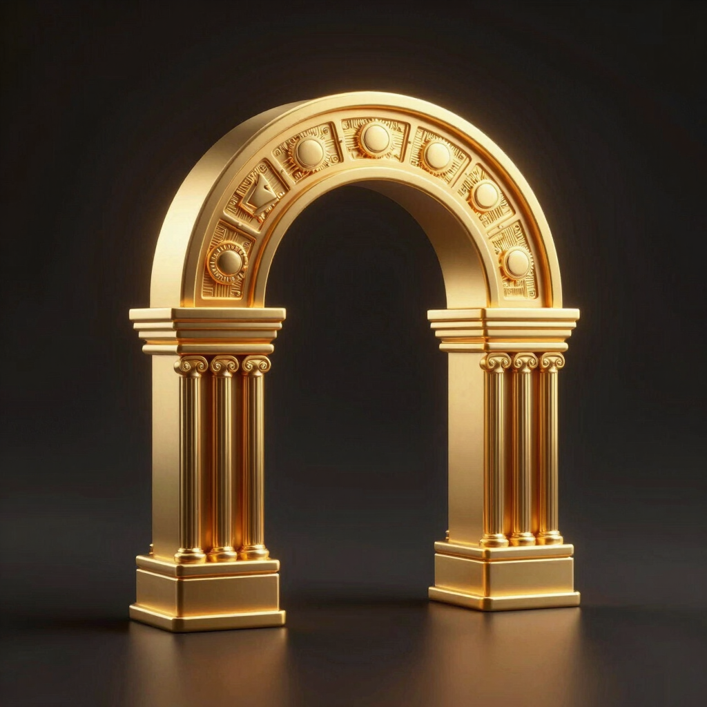 A high-fidelity 3D render of structured blockchain nodes forming a classical architectural arch, glowing with soft gold light, deep shadows, octane render