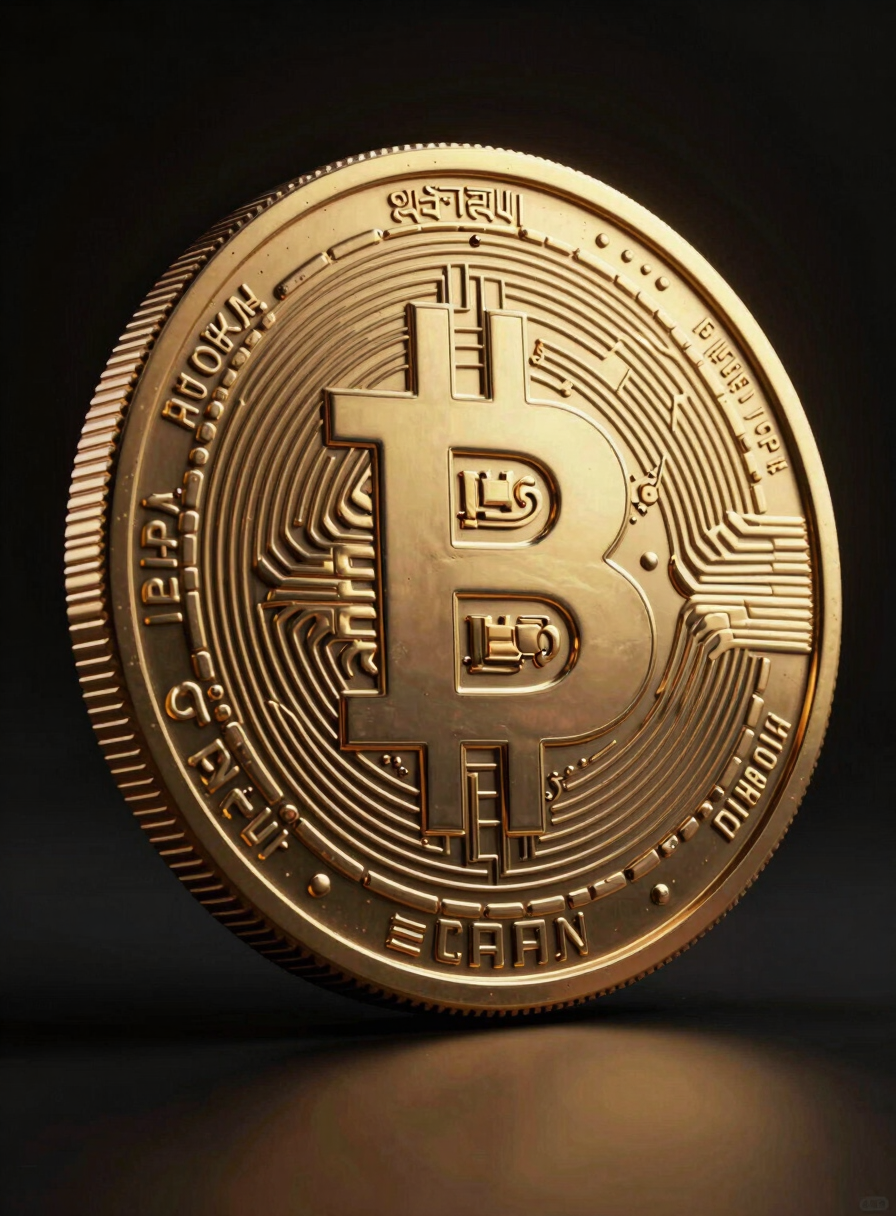 Dark-mode 3D render of a heavy, metallic cryptographic coin with intricate Sanskrit-inspired geometric engravings, glowing gold and amber lighting, high-contrast obsidian background