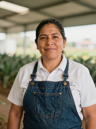 Medium environmental portrait of a Mexican business owner in a sunlit agricultural facility, professional film style, warm daylight, commercial environment