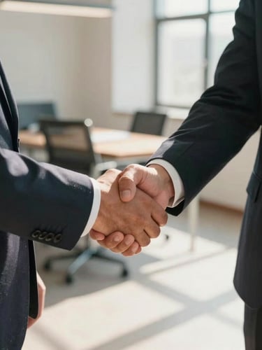 Close-up of a warm handshake between two business partners in a sunlit regional office, professional film style, warm daylight.