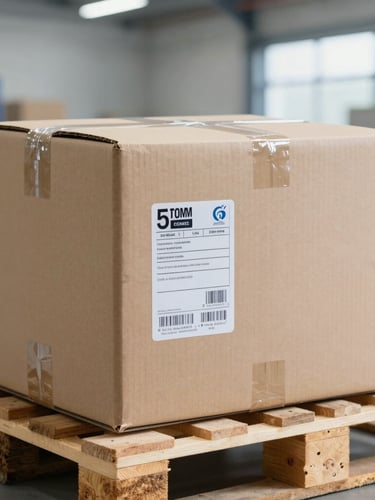 Close-up of a sealed cardboard shipping box with clear logistics labels, on a wooden pallet inside a bright, modern warehouse, daylight, 35mm lens.