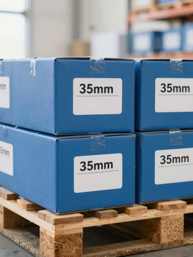 Close-up of labeled cargo boxes on a wooden pallet inside a bright, clean warehouse, natural daylight, 35mm lens
