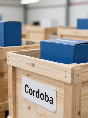Close-up of labeled wooden cargo crates and electronics boxes inside a bright modern warehouse in Cordoba, natural daylight, sharp focus