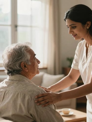 A warm, respectful Indian caretaker assisting an elderly person in a bright living room, soft natural window light, comforting domestic atmosphere.