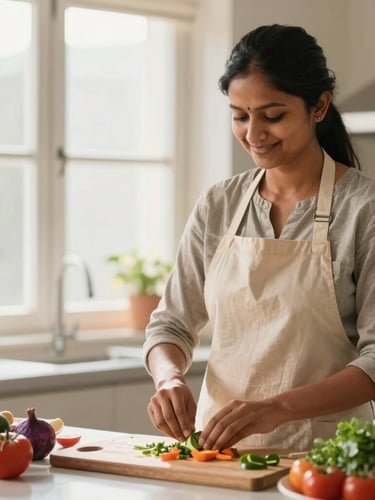 A professional Indian domestic helper in a clean, sunlit kitchen, wearing a neat apron, preparing fresh ingredients with a warm, respectful expression.