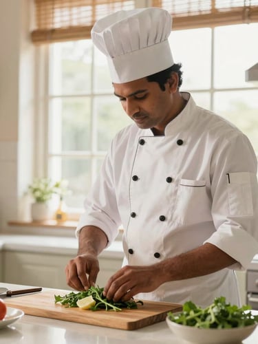 A professional Indian cook in a clean, bright kitchen preparing a fresh meal, warm natural window light, respectful and focused, editorial photography, 35mm