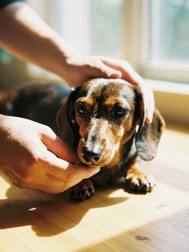 Close-up of artisan hands carefully measuring a calm dachshund on a wooden table, warm golden sunlight streaming through a window, soft focus