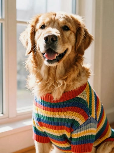 A joyful golden retriever indoors wearing a colorful, custom-fit striped knit sweater, sitting near a sunny window with warm golden-hour light, medium shot focusing on the high-quality fabric texture.