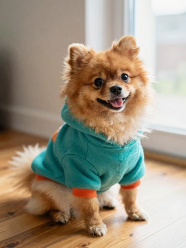 A happy fluffy Pomeranian dog sitting comfortably on a warm wooden floor, soft morning light from a window, wearing a colorful handmade teal hoodie, medium close-up, warm editorial photography style.