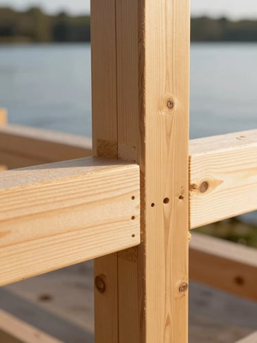Close-up of precise carpentry joints on heavy-duty timber, bright natural daylight highlighting wood grain, shallow depth of field, 35mm