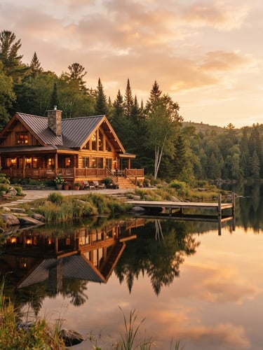 Finished luxury timber cottage reflecting on still lake water at golden hour, wide environmental landscape, crisp details, shallow depth of field, 35mm