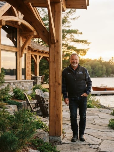Rick, the founder of RBConstruction, standing confidently beside a newly completed luxury timber cottage on a Muskoka lakefront at golden hour, shallow depth of field, 35mm.