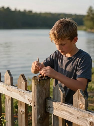 A young Rick, around 10-12 years old, diligently repairing a wooden fence post at a rustic children's camp by a lake, hands-on, natural daylight, warm tones.