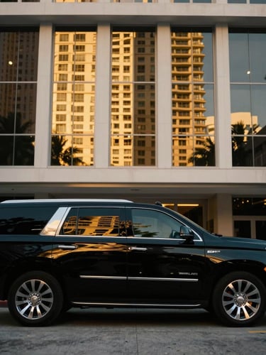 Cinematic side profile of a polished black Cadillac Escalade parked in front of a luxury Miami hotel, sharp golden hour reflections on the tinted windows, 35mm