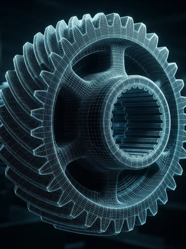 Macro shot of a 3D CAD wireframe of a complex machined gear, high-contrast studio lighting, cool metallic tones, dramatic shadows.