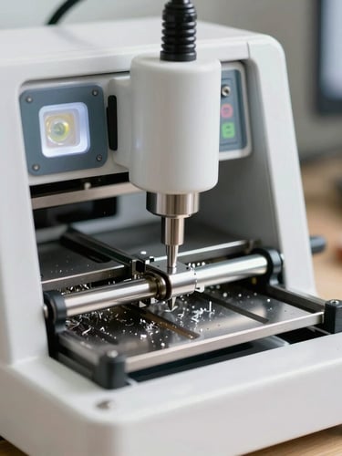 Close-up of a computerized key-cutting machine in action inside a mobile workshop, bright focused LED lighting, metallic shavings, sharp technical details.