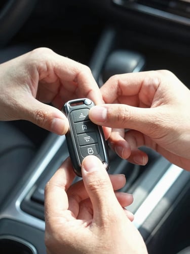 Sharp technical close-up of hands programming a modern transponder key fob inside a vehicle cabin, bright natural daylight, high-contrast.