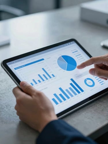 Macro shot of hands analyzing data charts on a tablet screen, cool daylight reflecting off a polished concrete office desk, sharp electric blue highlights, crisp corporate photography.