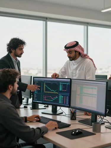 Wide cinematic shot of a modern, bright office in Riyadh, professional Saudi business team analyzing data on screens, soft natural daylight from large windows, editorial composition