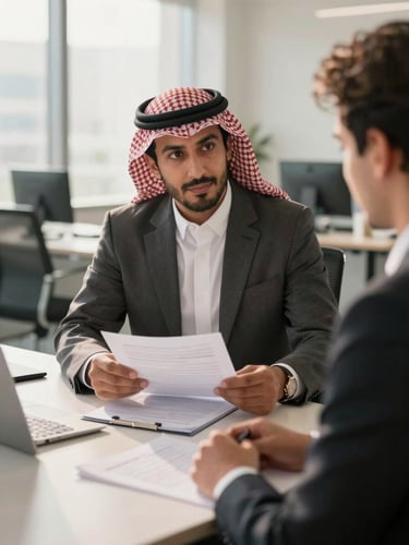 Professional corporate setting in Riyadh, warm natural morning light, a focused Saudi HR manager reviewing documents with a candidate in a clean modern office, soft background blur, premium editorial framing