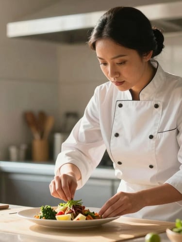 A professional female chef of Southeast Asian descent in a clean, modern, sunlit kitchen, wearing a neat uniform, carefully plating a healthy meal with fresh ingredients, warm natural window light, dignified medium shot focusing on her craft.