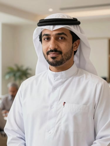A professional hospitality manager in warm daylight, medium close-up, clean modern Saudi interior background, soft natural lighting.