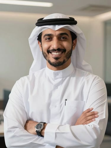 A professional portrait of a Saudi recruitment advisor in a modern Riyadh office, warm natural daylight, smiling confidently, clean minimalist background.