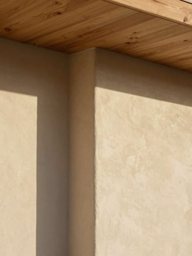 Architectural detail of the home showing the transition from plaster wall to a natural wood ceiling, soft afternoon light casting gentle shadows, 35mm