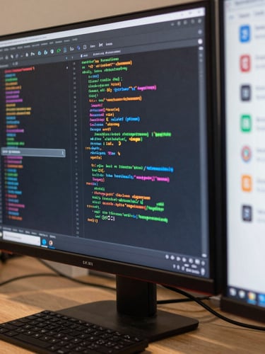 Daylight macro shot of a clean multi-monitor workspace displaying complex Google Ads campaign architecture and tracking pixel code, high clarity, no people