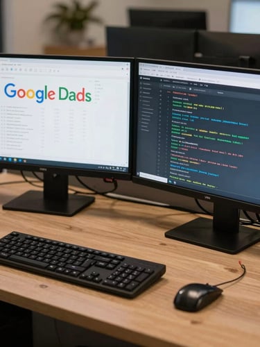 Wide-angle view of a structured technical workspace, dual monitors displaying Google Ads campaign structures and Meta pixel event logs, sharp focus.