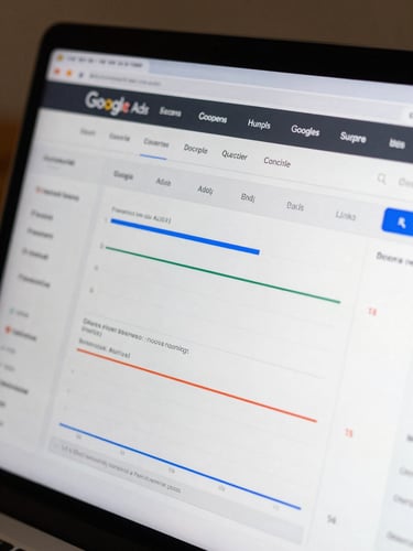 A crisp, daylight-clear macro shot of a real-time Google Ads dashboard, displaying structured campaign ad groups, clean conversion metrics, and high-contrast performance charts on a dark interface screen.