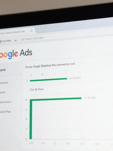 Tight macro shot of a live Google Ads dashboard showing conversion metrics, bright natural daylight, clean interface, high clarity.
