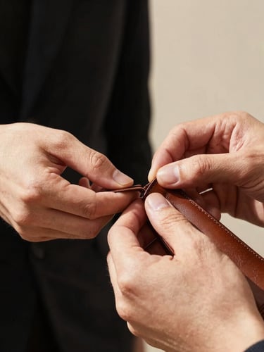 Editorial fashion photography of a craftsman's hands carefully stitching a luxury brown leather shoe, warm natural sunlight, focus on leather textures, 85mm